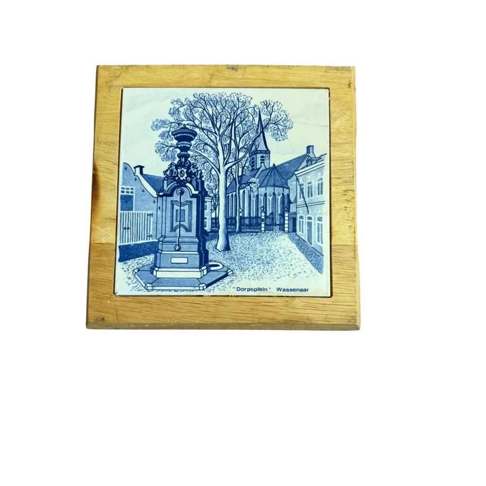 Vintage Delft Blue Handpainted Holland Tile Dorpsplein Wassenaar Wooden Frame 7